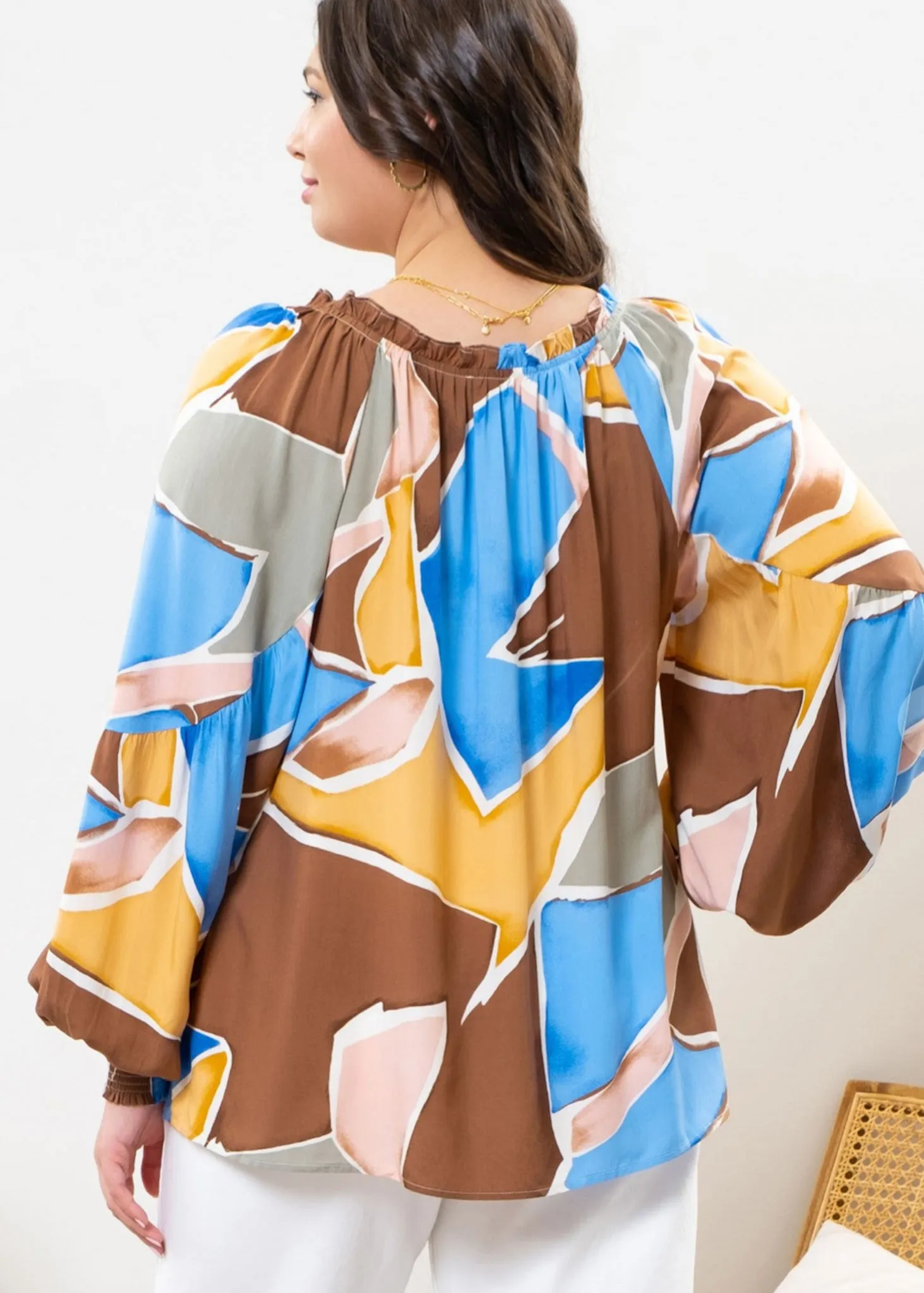 Abstraite, Women’s Plus Size Peasant Blouse, Abstract Pattern, Blue and Gold Multi