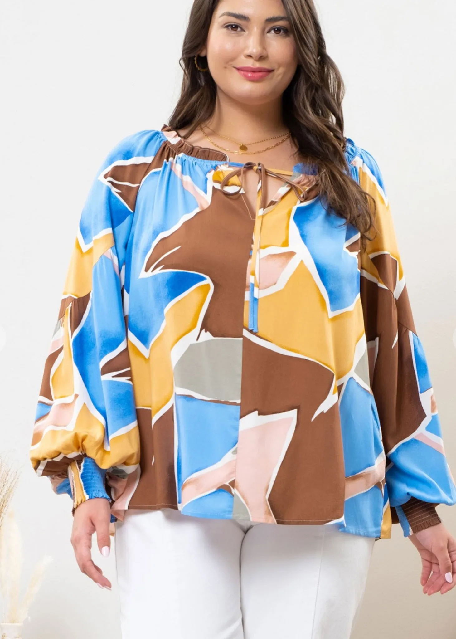 Abstraite, Women’s Plus Size Peasant Blouse, Abstract Pattern, Blue and Gold Multi