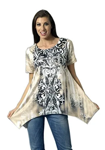 Bacci Clothing - Zaharah, Rhinestones, Sublimation, Short Sleeve Scoop Neck Top