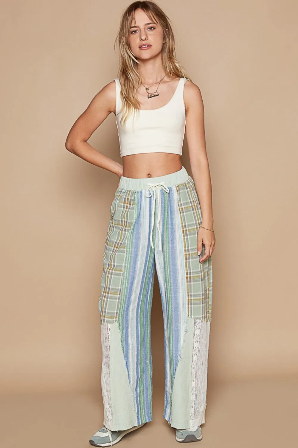 Beachy Drawstring Plaid Print Lace Pants