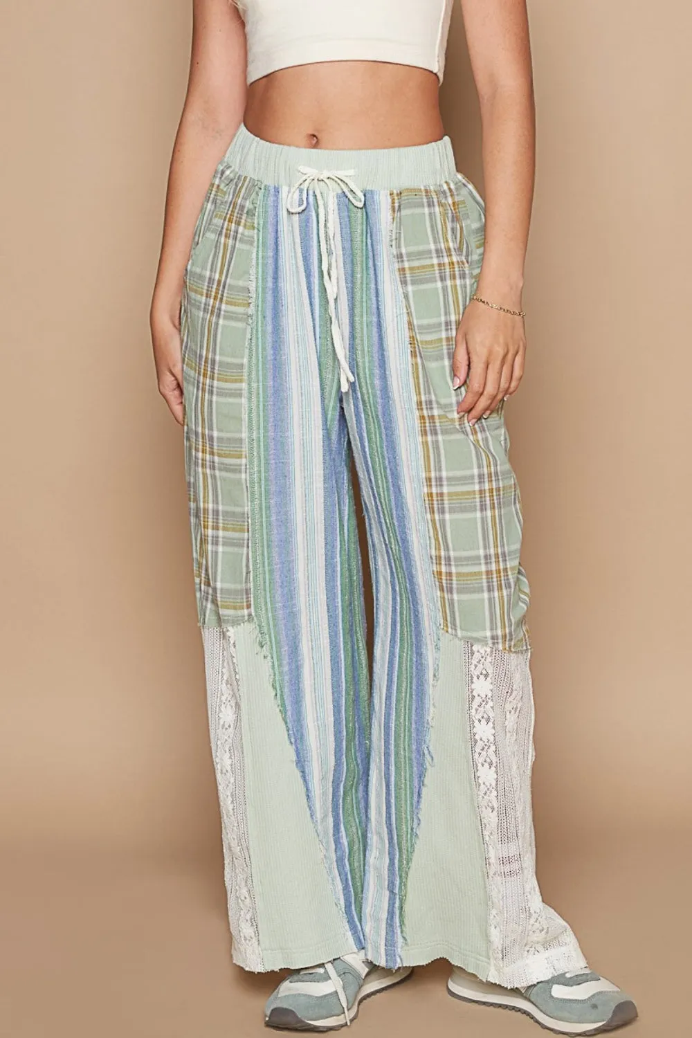 Beachy Drawstring Plaid Print Lace Pants