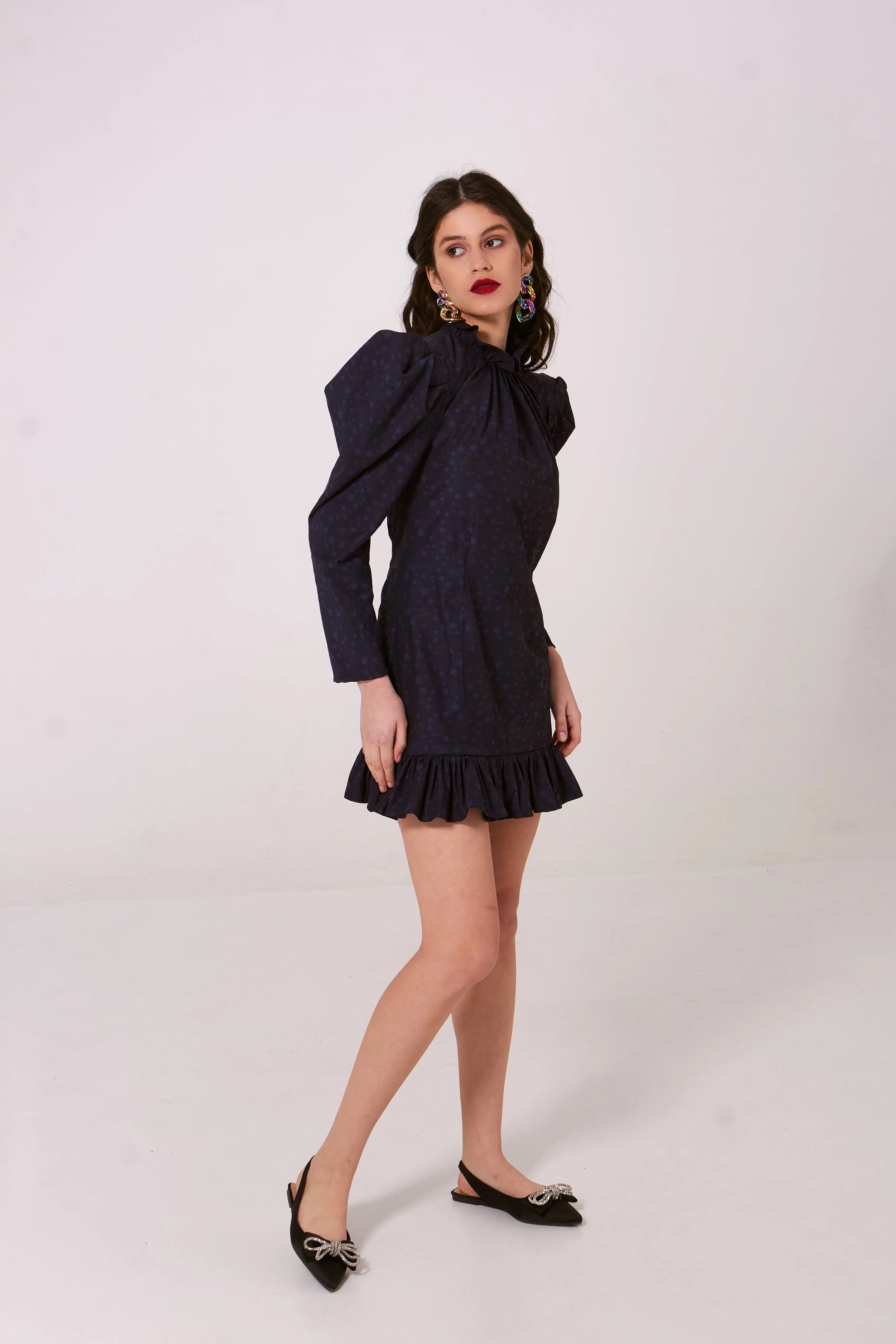 Black Jacquard mini dress with puff-shoulder sleeves