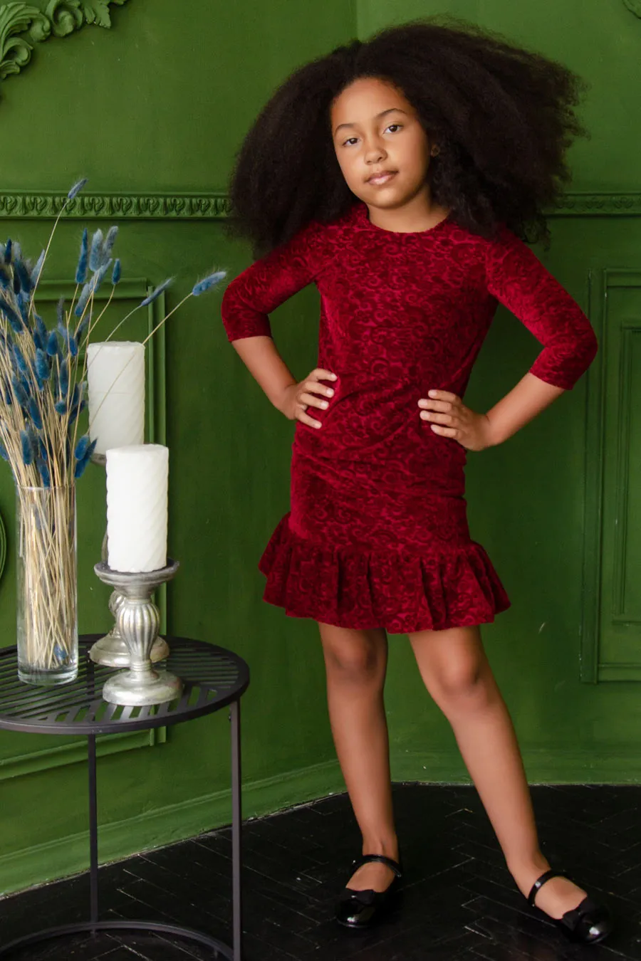 Burgundy Velvet Jacquard Holiday Dresses - Mommy & Me