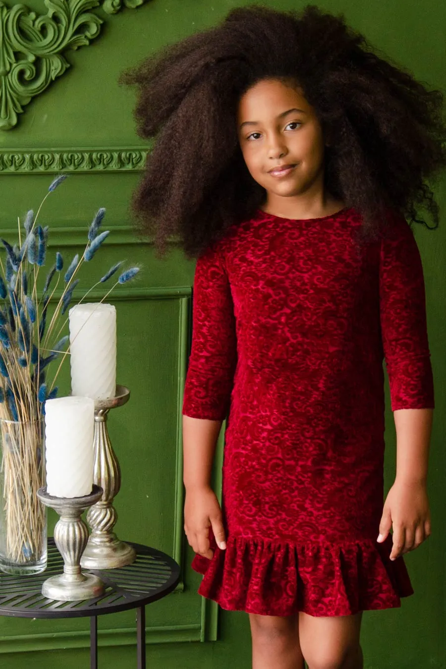 Burgundy Velvet Jacquard Holiday Dresses - Mommy & Me