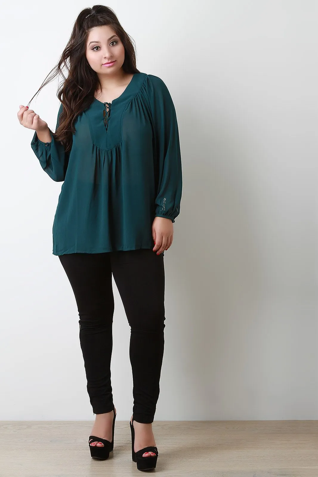 Chiffon Lace Up Peasant Blouse