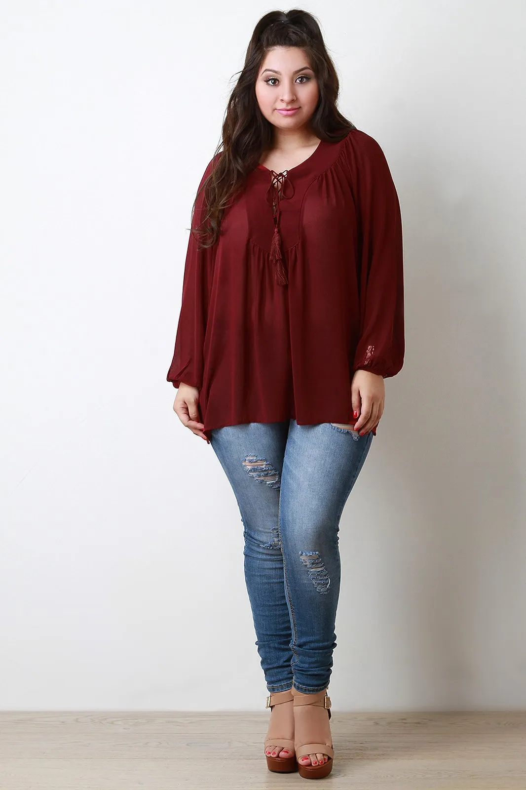 Chiffon Lace Up Peasant Blouse