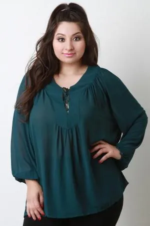 Chiffon Lace Up Peasant Blouse