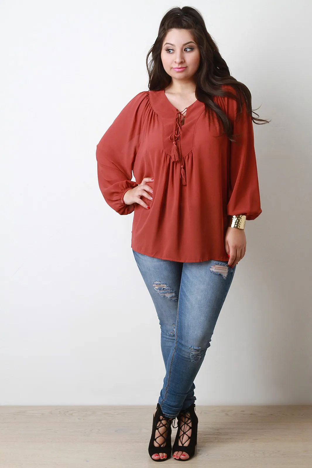 Chiffon Lace Up Peasant Blouse