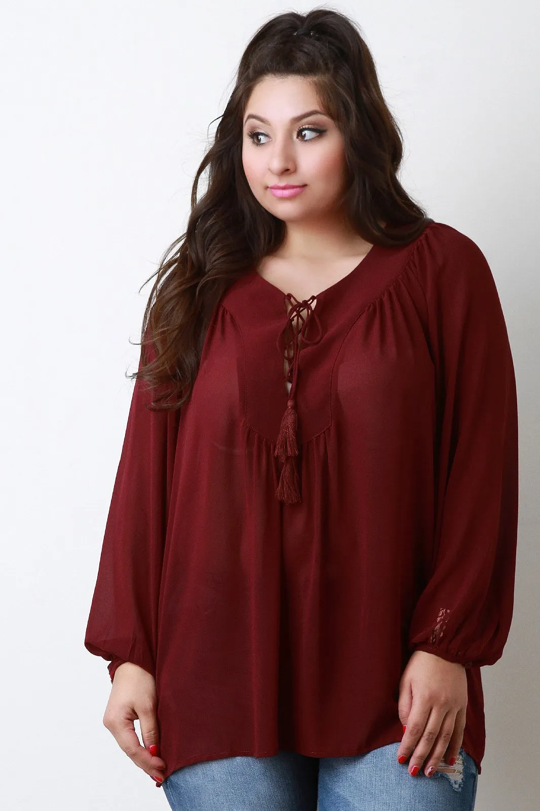 Chiffon Lace Up Peasant Blouse