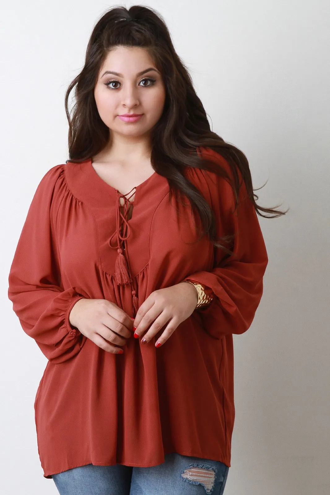 Chiffon Lace Up Peasant Blouse