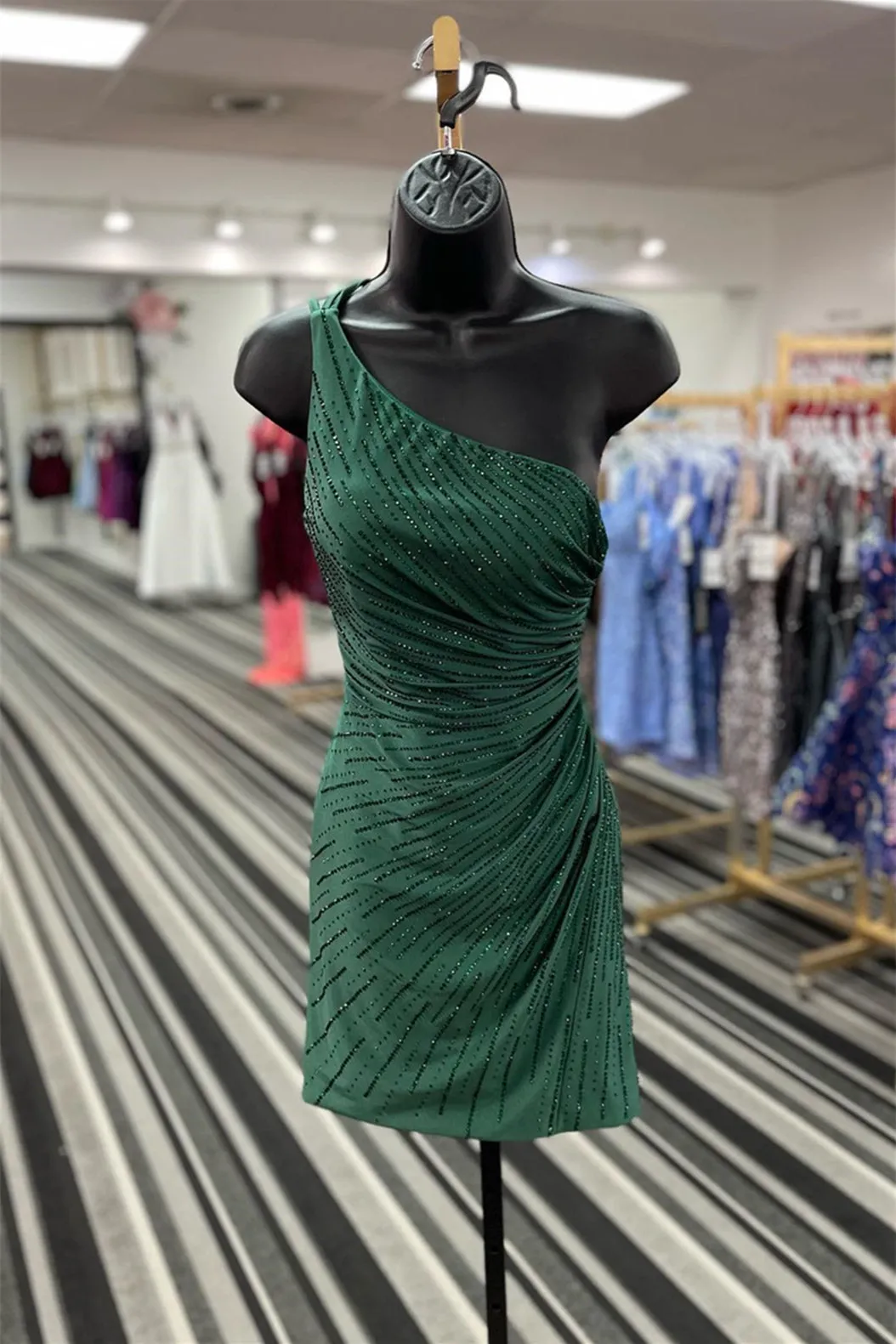 Dark Green One Shoulder Beaded Satin Sheath Homecoming Dress