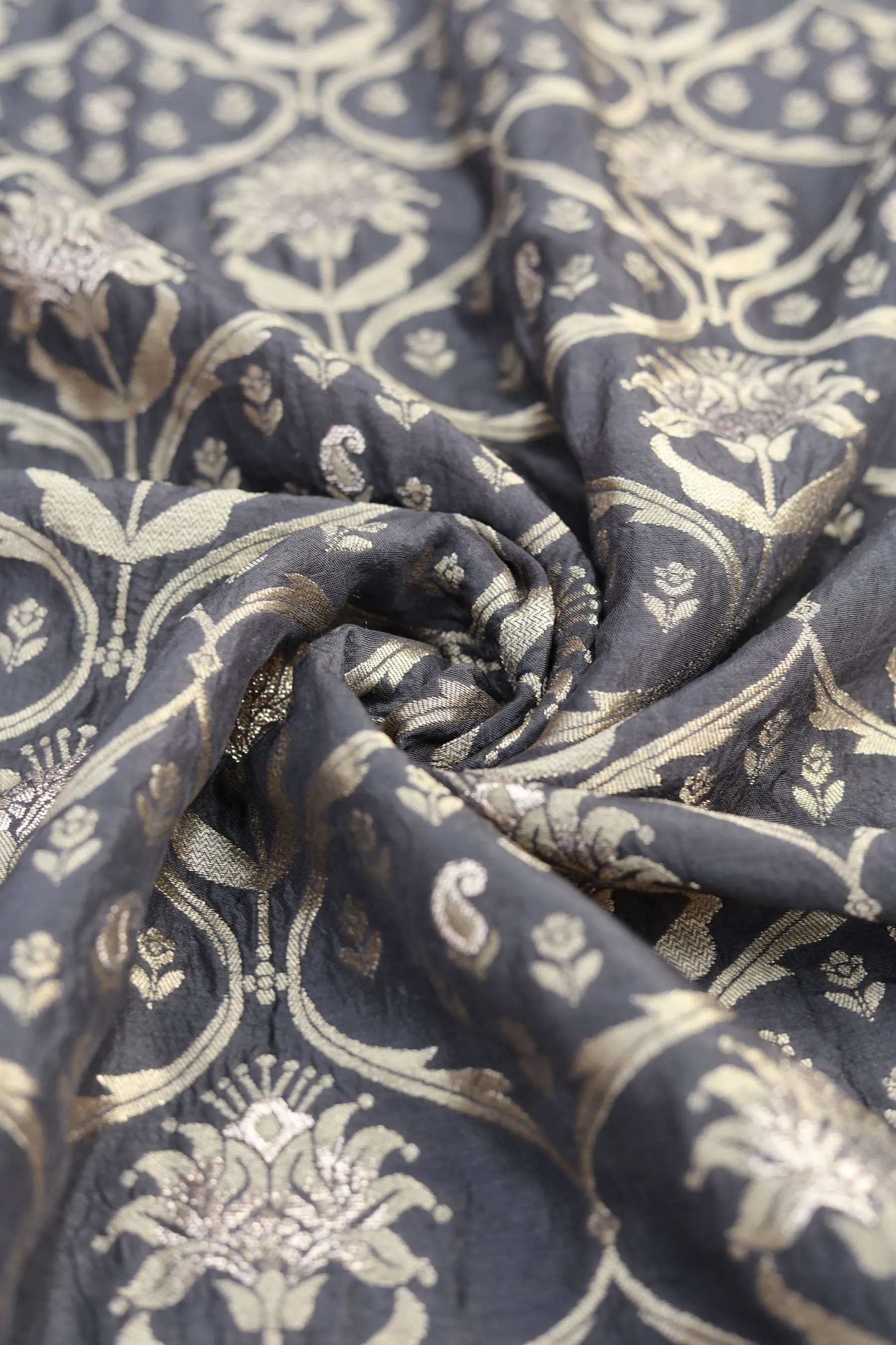 Dark Grey Floral/Paisely jaal, Pure Two Tone  Gold Silver Zari, Banarsi Jacquard Fabric