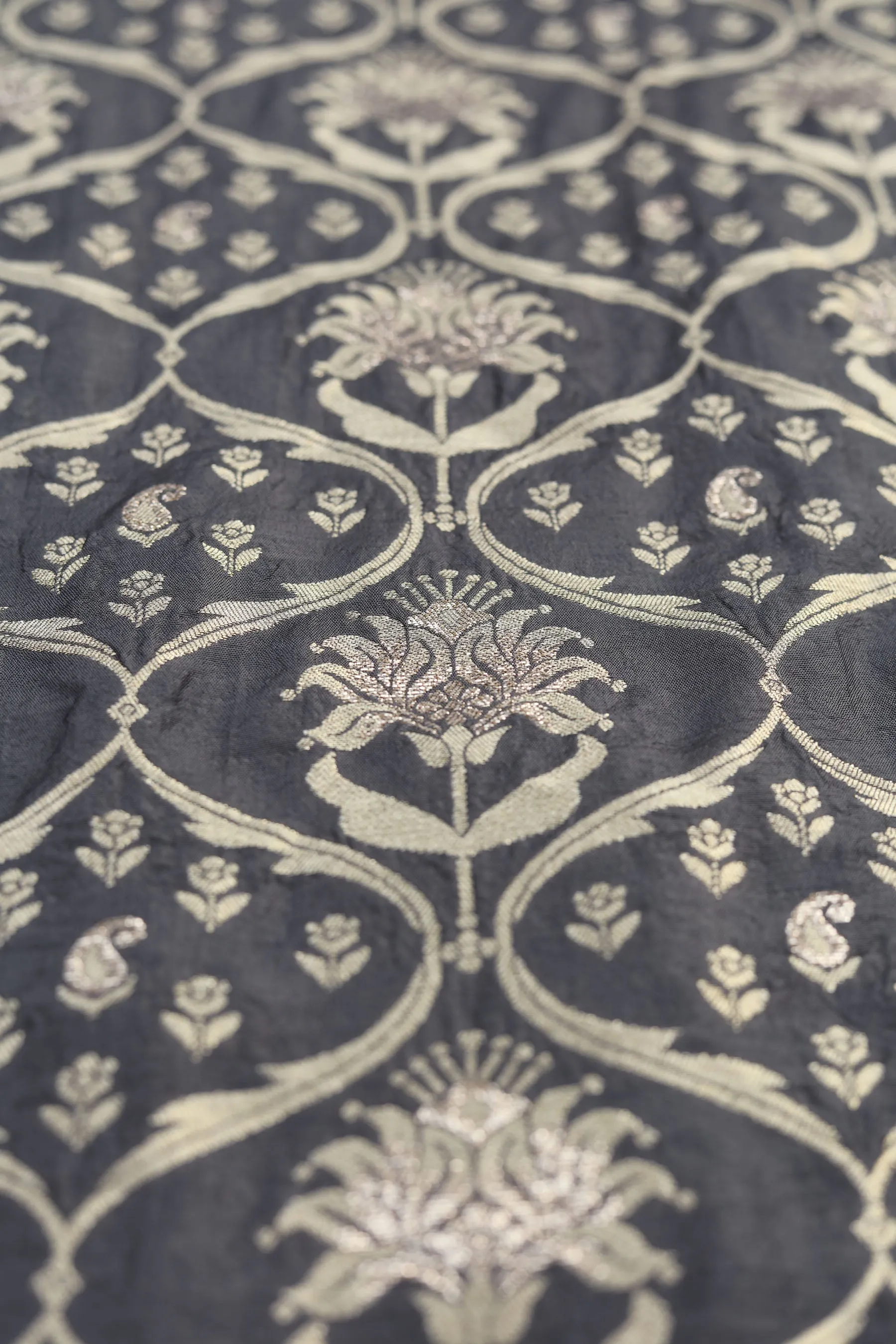 Dark Grey Floral/Paisely jaal, Pure Two Tone  Gold Silver Zari, Banarsi Jacquard Fabric