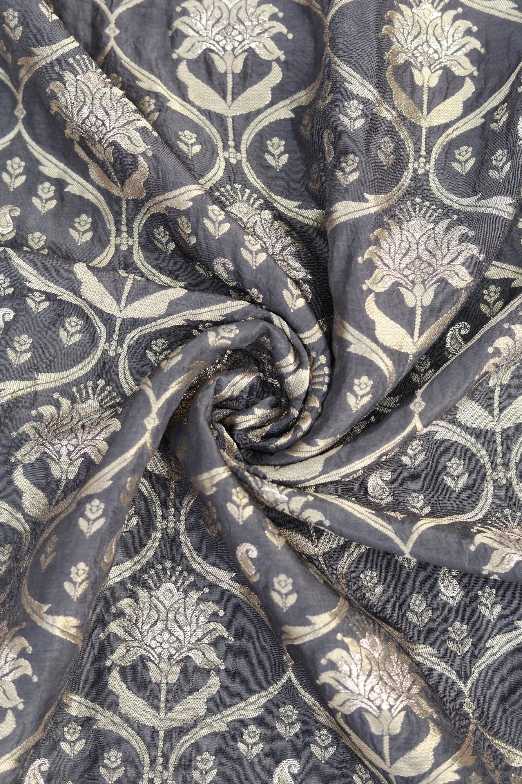 Dark Grey Floral/Paisely jaal, Pure Two Tone  Gold Silver Zari, Banarsi Jacquard Fabric