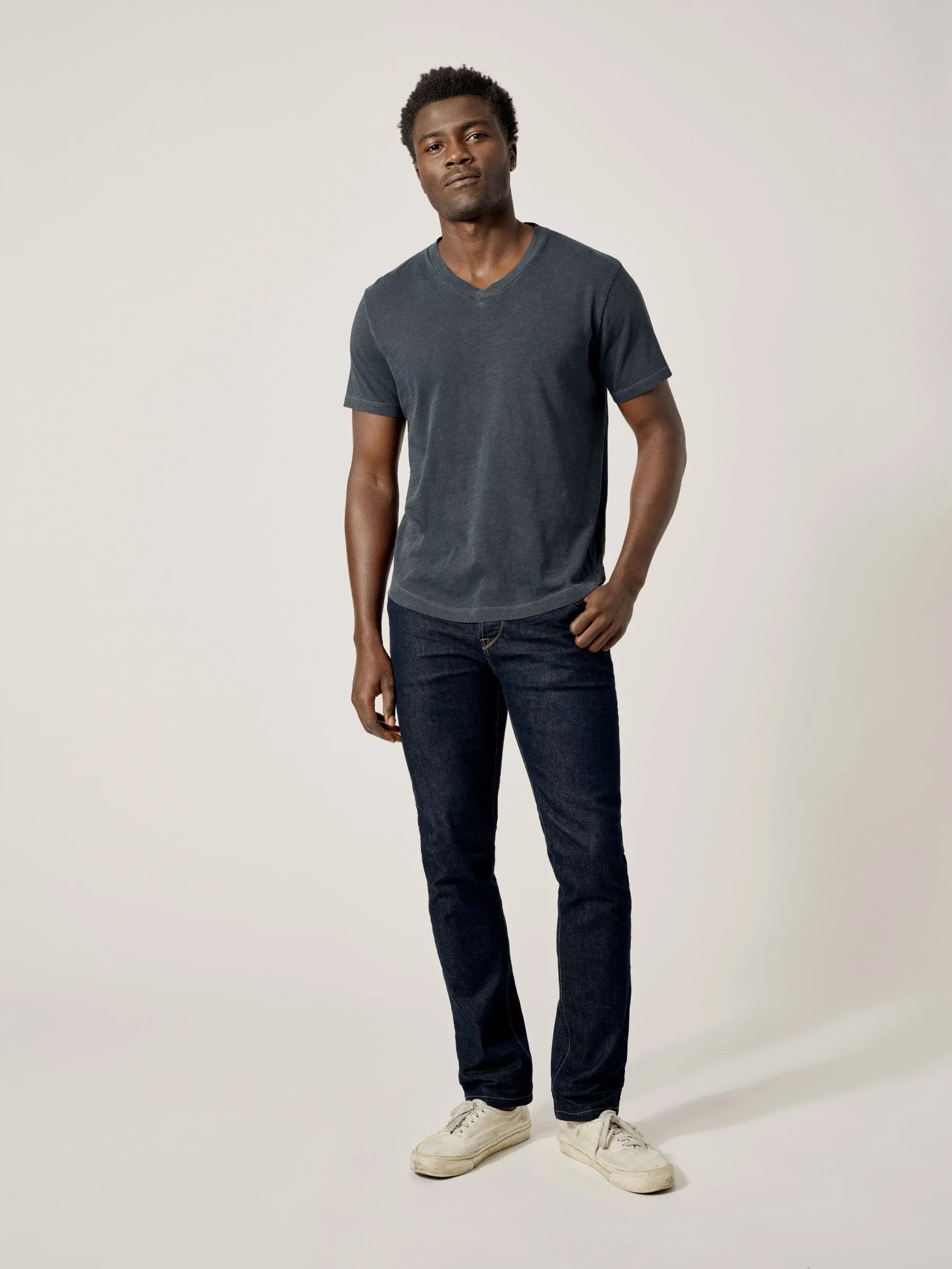 Dark Navy Venice Wash Slub Curved Hem V-Neck