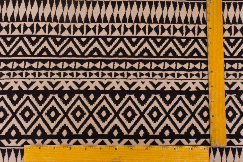 Dusty Beige-Black Aztec Jacquard Stretch Polyester Double Knit Fabric