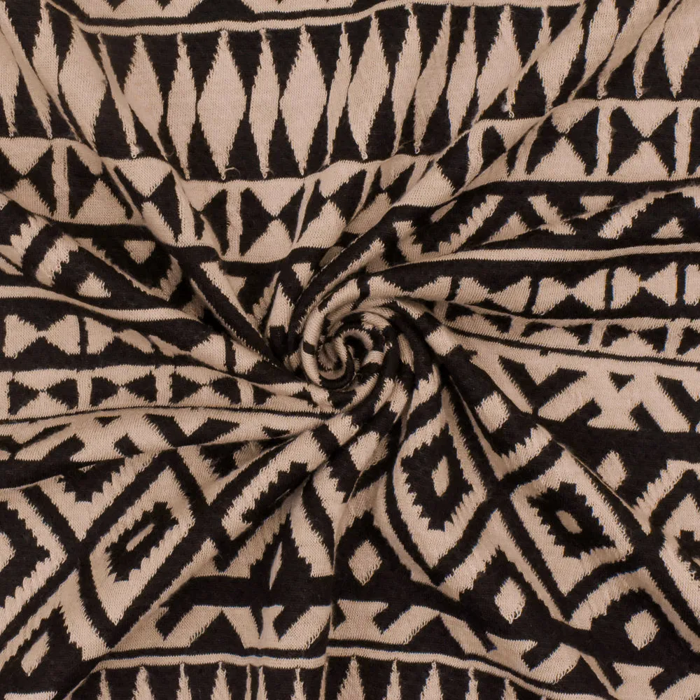 Dusty Beige-Black Aztec Jacquard Stretch Polyester Double Knit Fabric