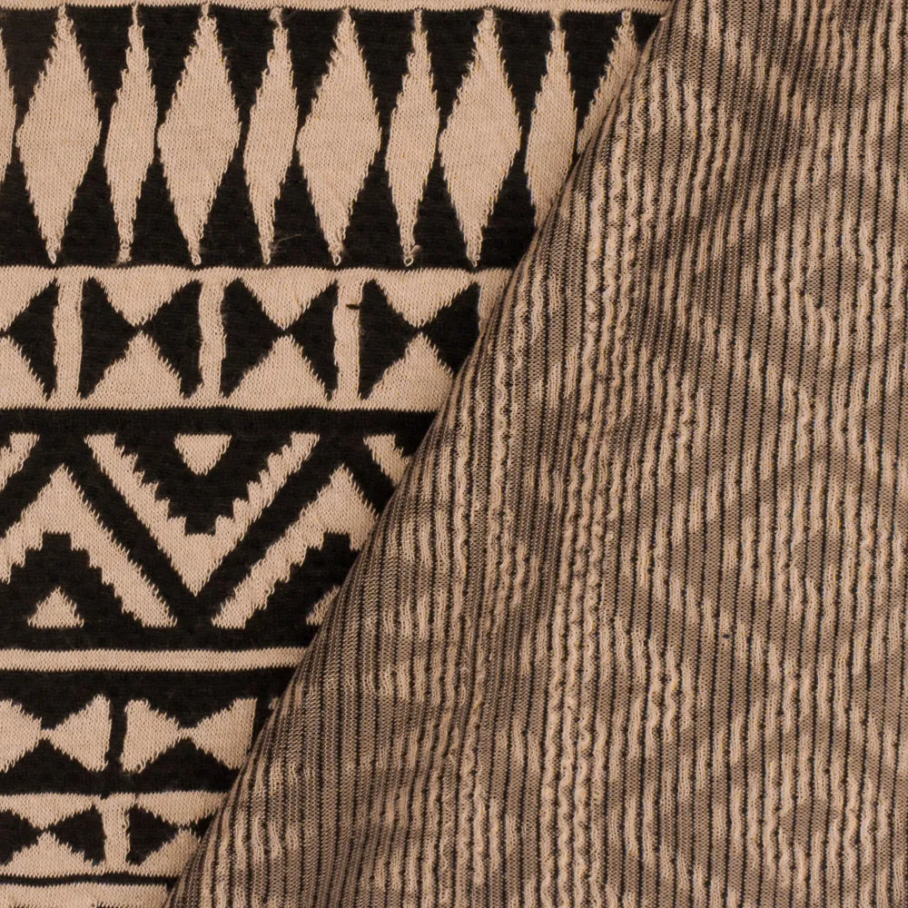 Dusty Beige-Black Aztec Jacquard Stretch Polyester Double Knit Fabric