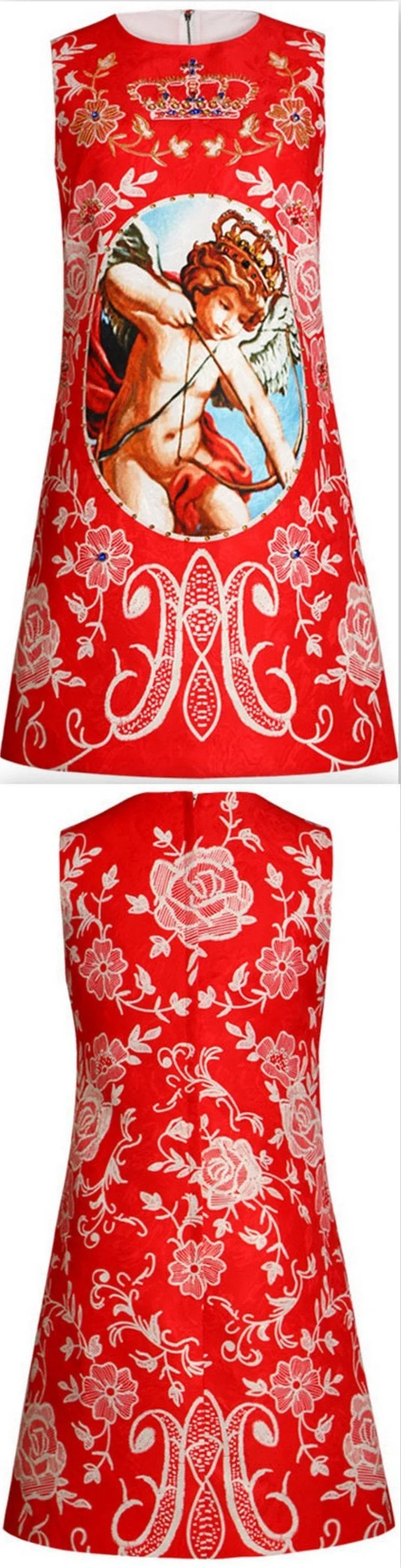 Embellished Cupid Brocade Mini Dress in Red