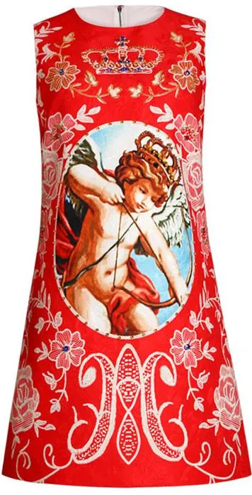 Embellished Cupid Brocade Mini Dress in Red