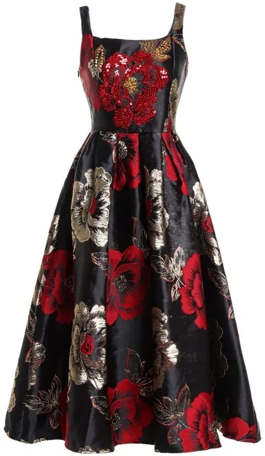 Embellished Fit & Flare Floral Printed Midi Dress