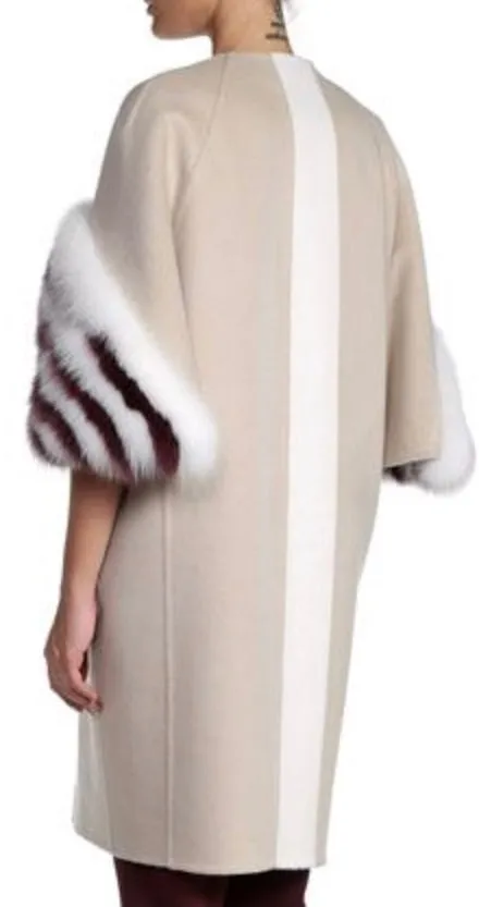 Fendi Cashmere Coat with Struoed Faux Fox Fur Sleeves - Size 38