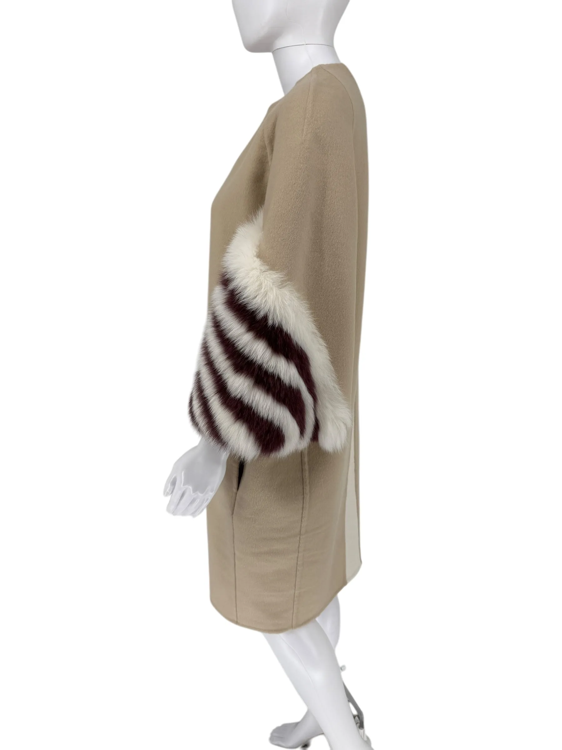 Fendi Cashmere Coat with Struoed Faux Fox Fur Sleeves - Size 38