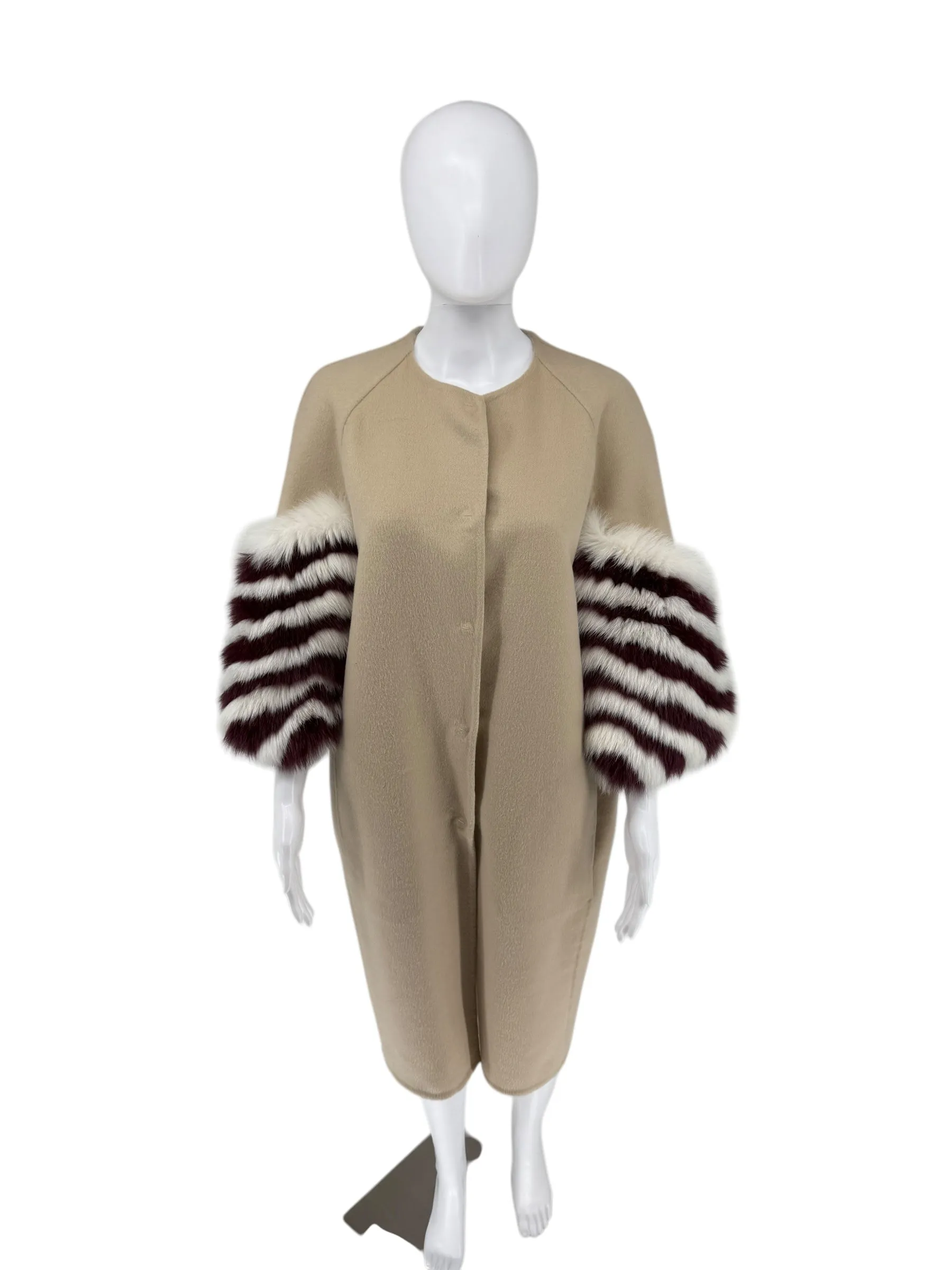 Fendi Cashmere Coat with Struoed Faux Fox Fur Sleeves - Size 38