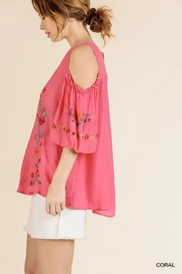 Floral Embroidered Peasant Top, Coral