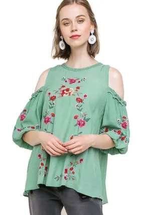 Floral Embroidered Peasant Top, Sage