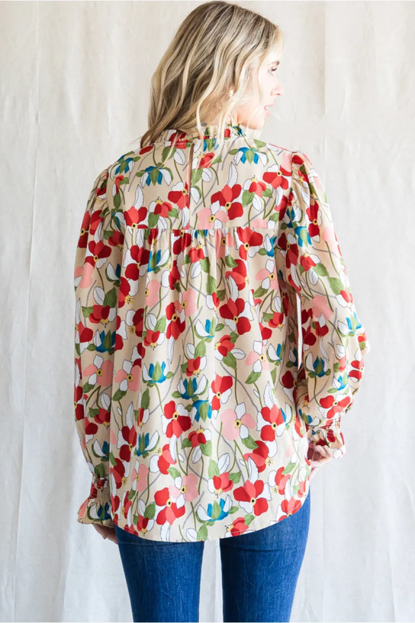 Floral Print Top W/ Frilled Neck