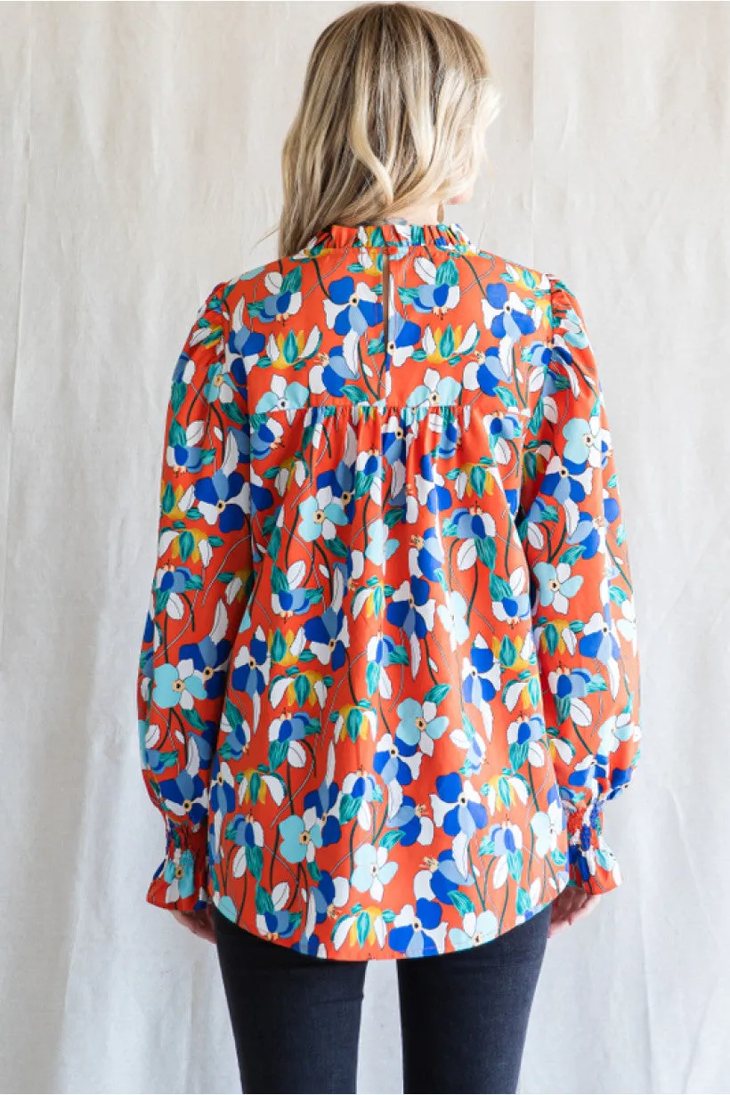 Floral Print Top W/ Frilled Neck