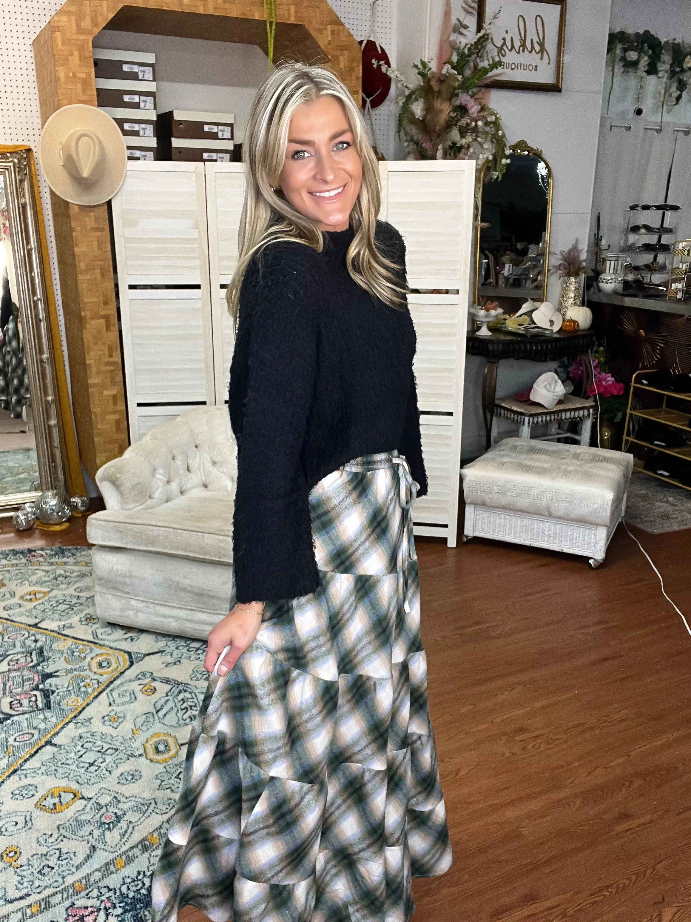 Green Plaid Flannel Tiered Skirt