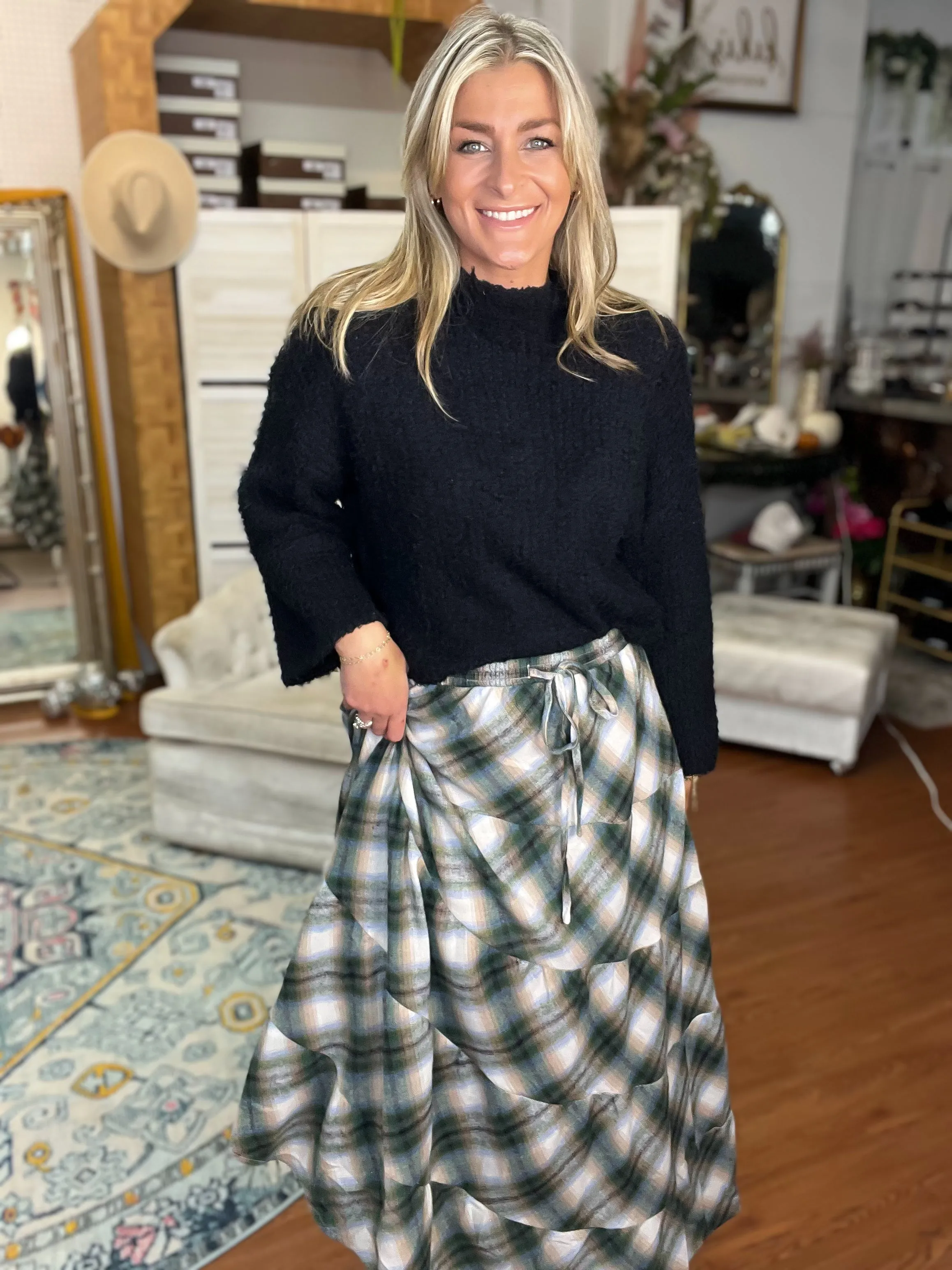 Green Plaid Flannel Tiered Skirt