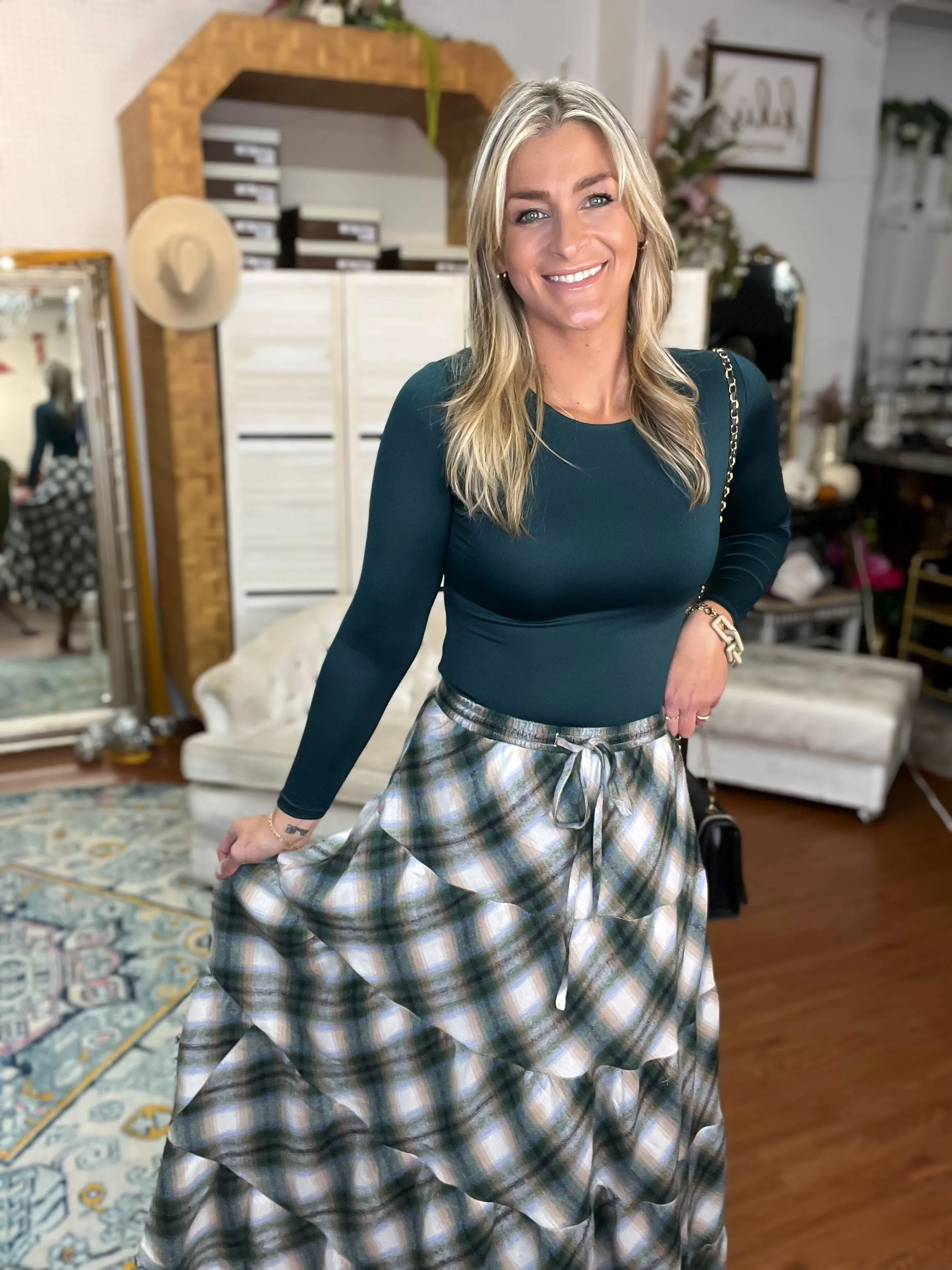 Green Plaid Flannel Tiered Skirt