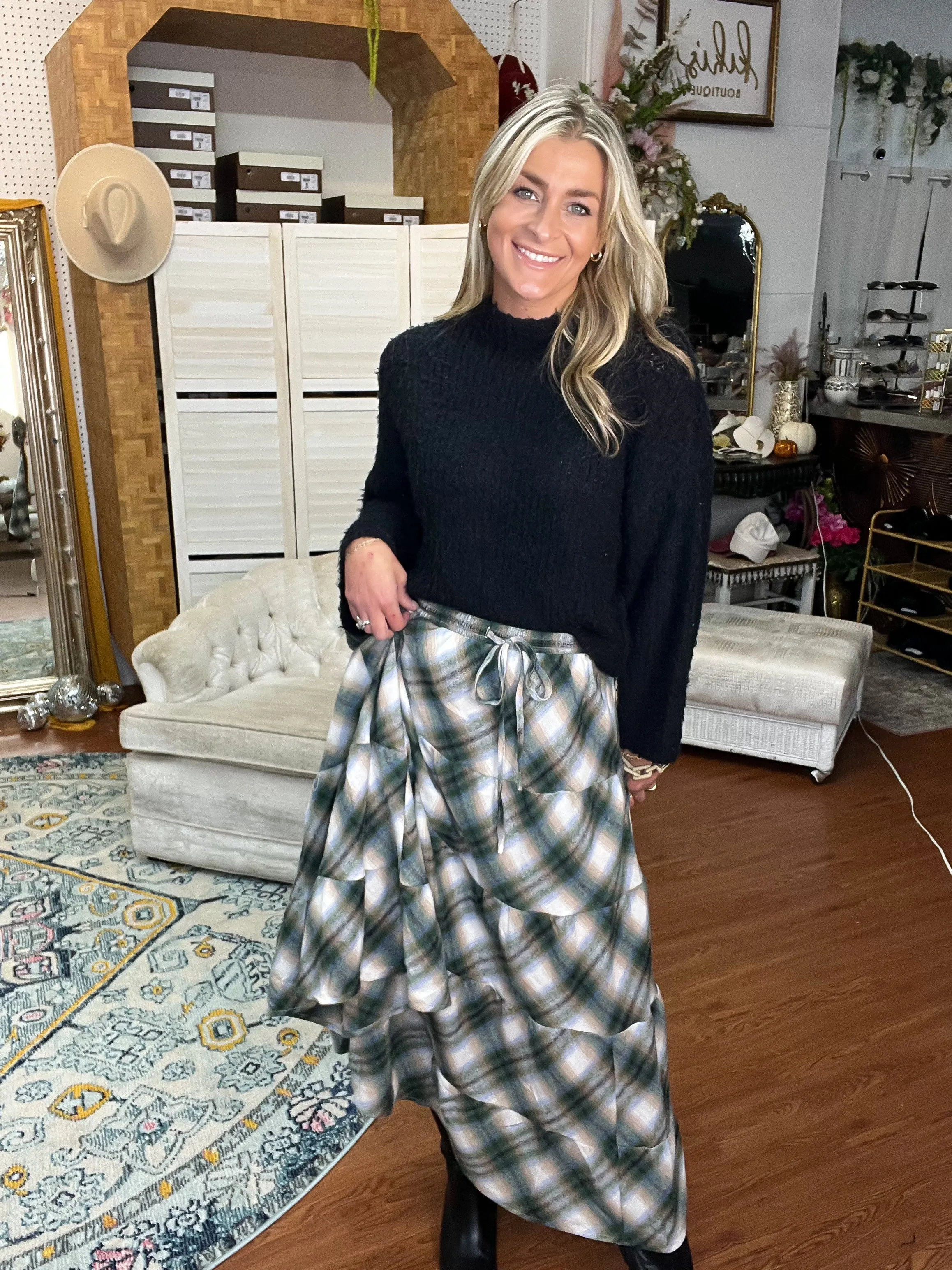 Green Plaid Flannel Tiered Skirt