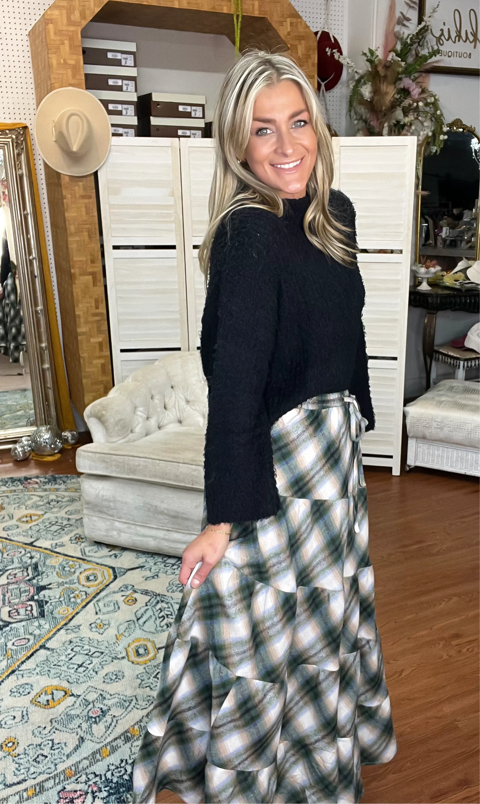 Green Plaid Flannel Tiered Skirt