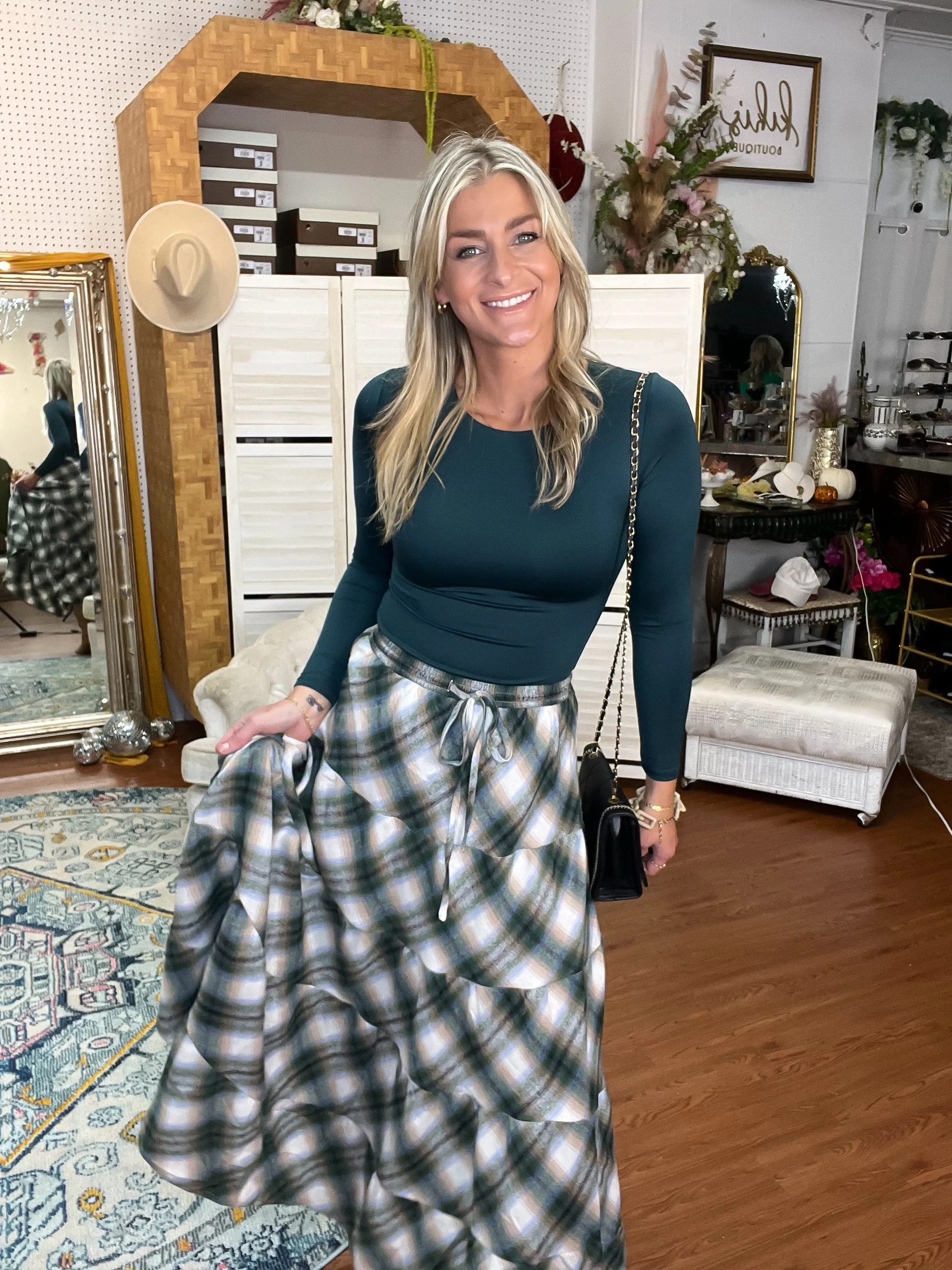 Green Plaid Flannel Tiered Skirt