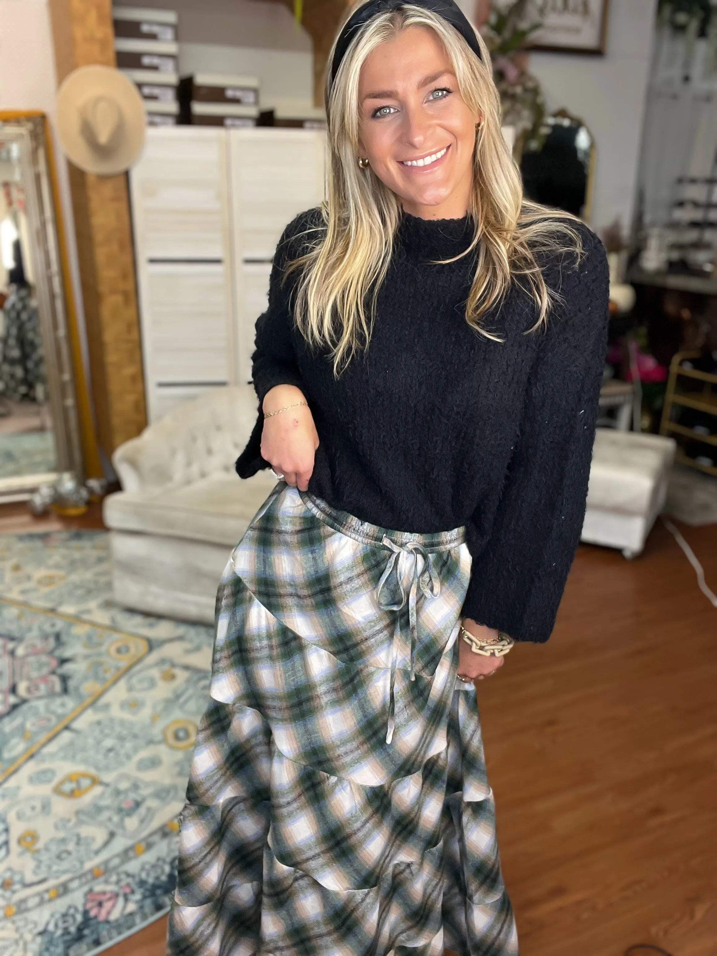 Green Plaid Flannel Tiered Skirt