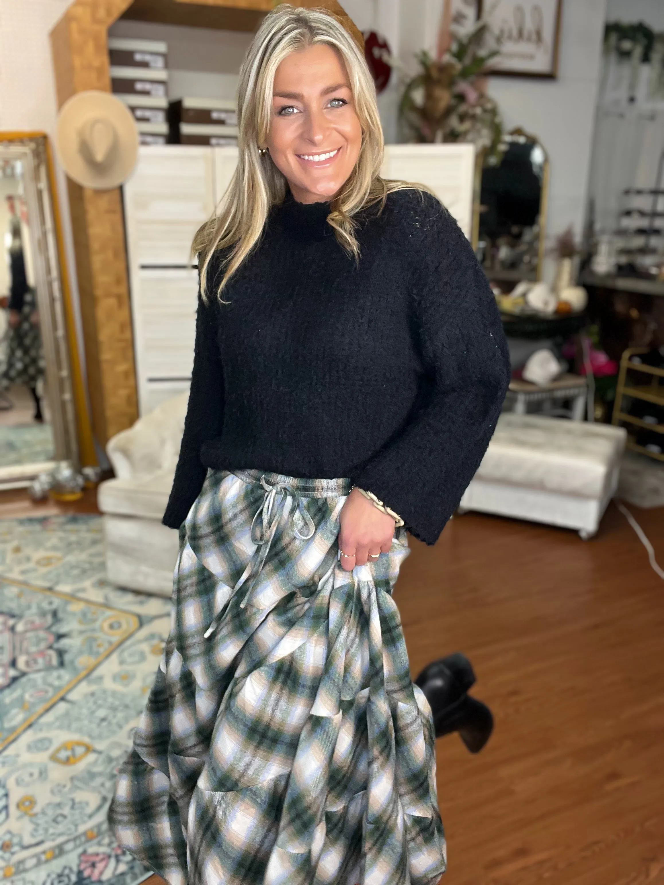 Green Plaid Flannel Tiered Skirt