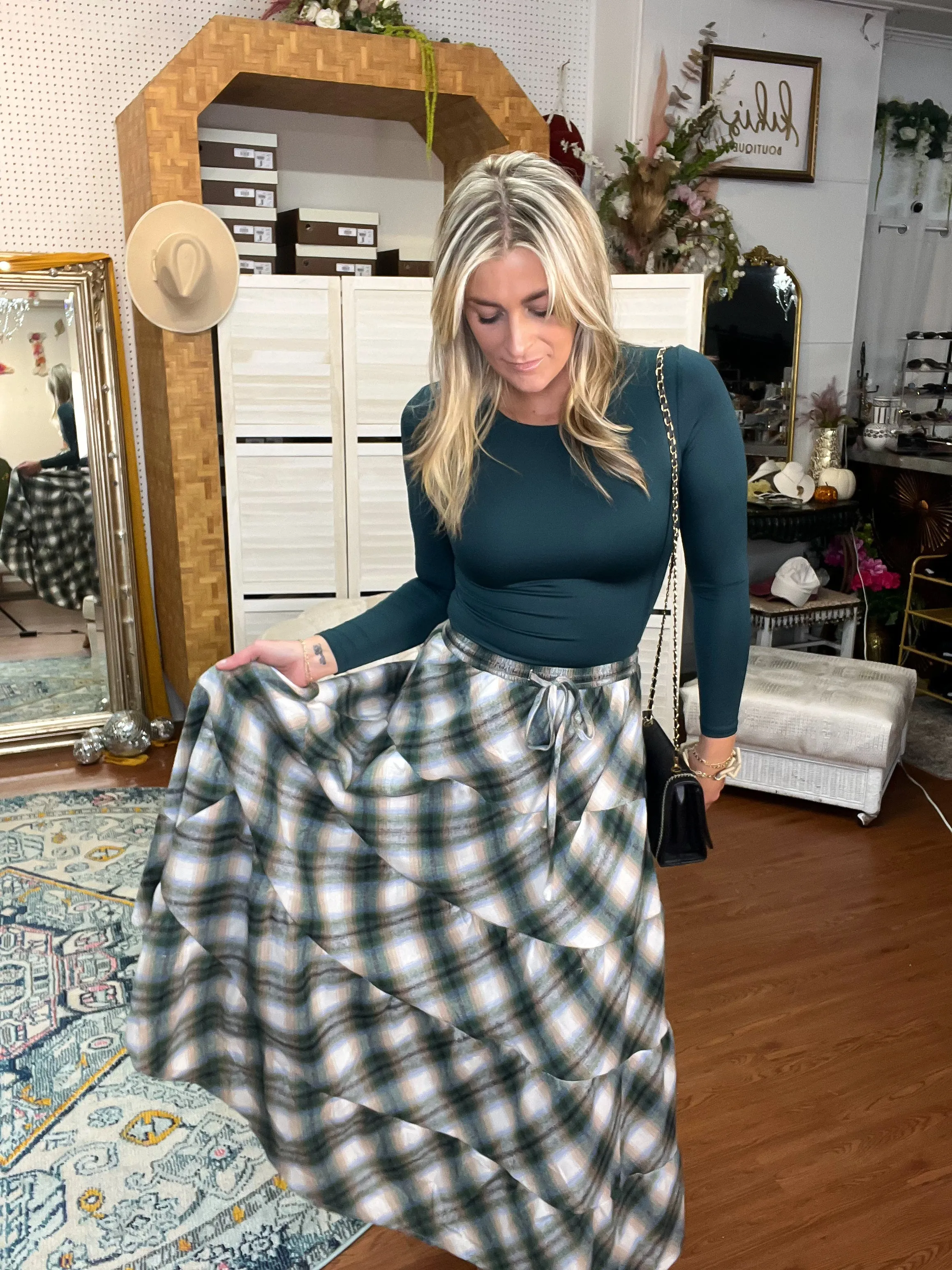 Green Plaid Flannel Tiered Skirt