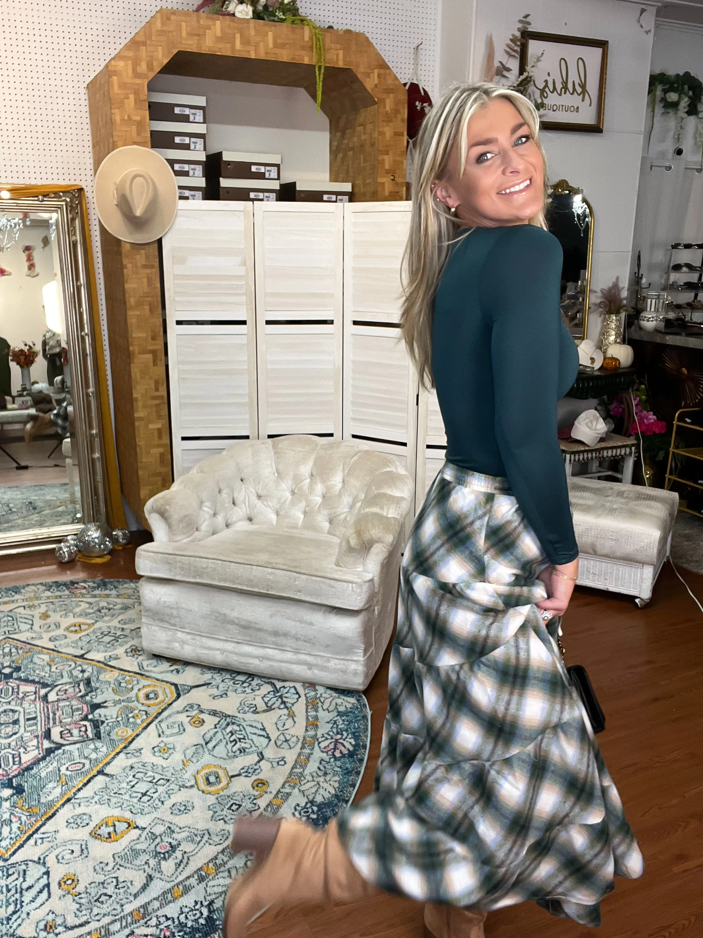 Green Plaid Flannel Tiered Skirt