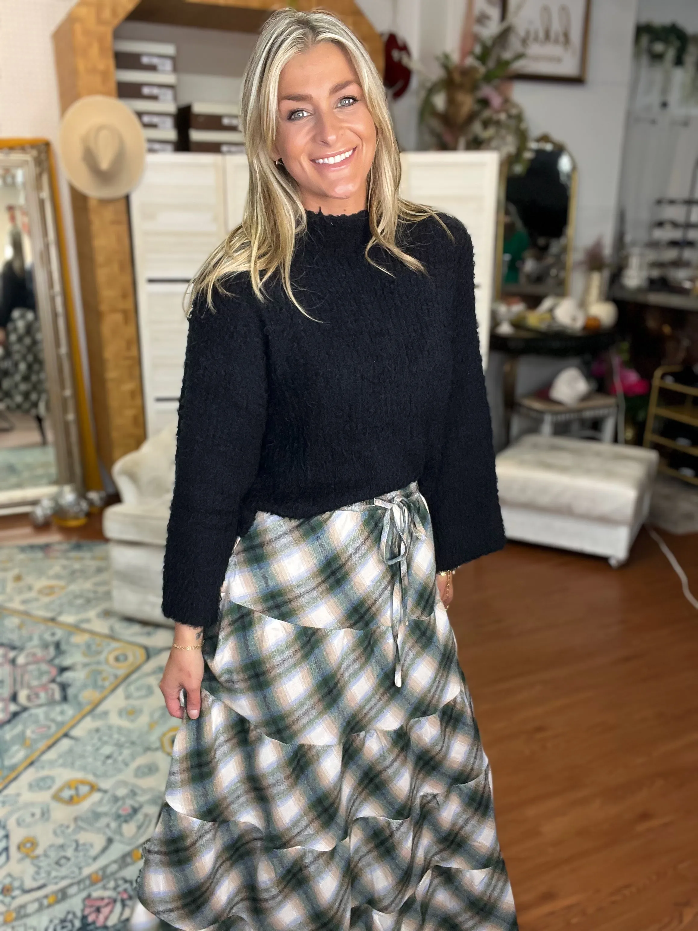 Green Plaid Flannel Tiered Skirt