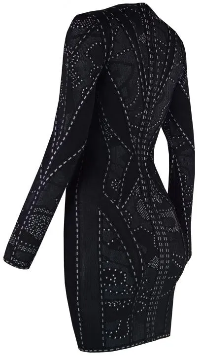 Jacquard Stretch Long-Sleeve Bandage Mini Dress, Black