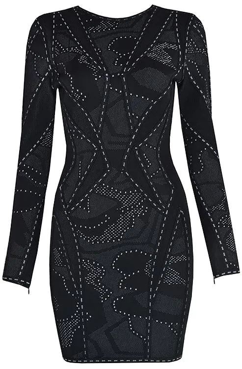 Jacquard Stretch Long-Sleeve Bandage Mini Dress, Black