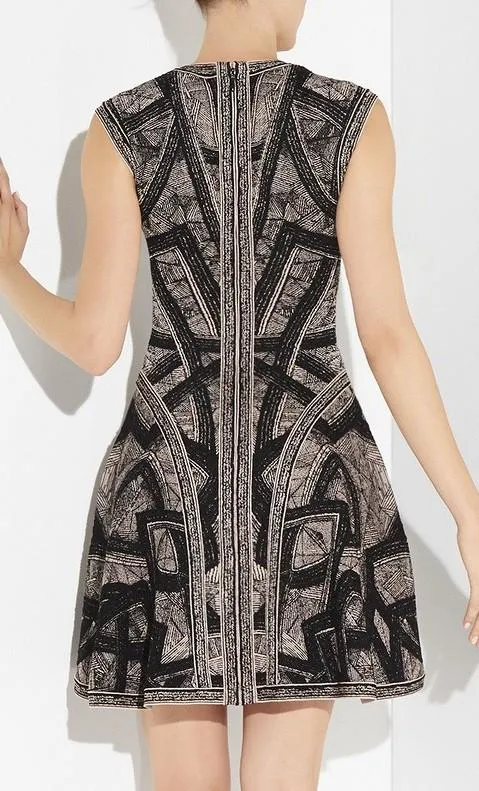 Jacquard Stretch V-Neck Patterned Sleeveless A-Line Mini Dress