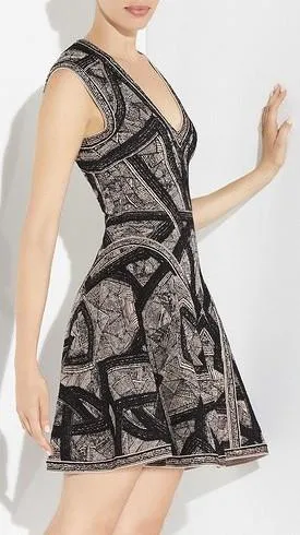 Jacquard Stretch V-Neck Patterned Sleeveless A-Line Mini Dress