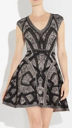 Jacquard Stretch V-Neck Patterned Sleeveless A-Line Mini Dress