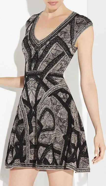 Jacquard Stretch V-Neck Patterned Sleeveless A-Line Mini Dress