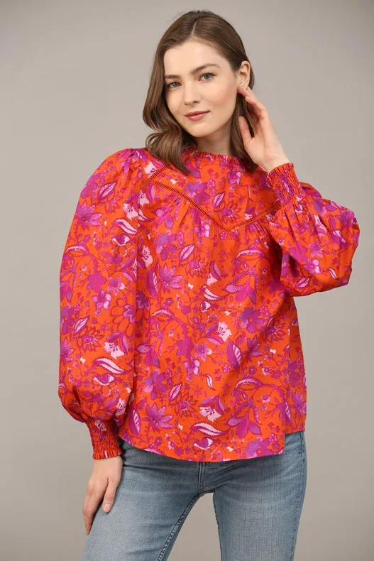 Lace Insert Floral Print Cotton Poplin Peasant Top